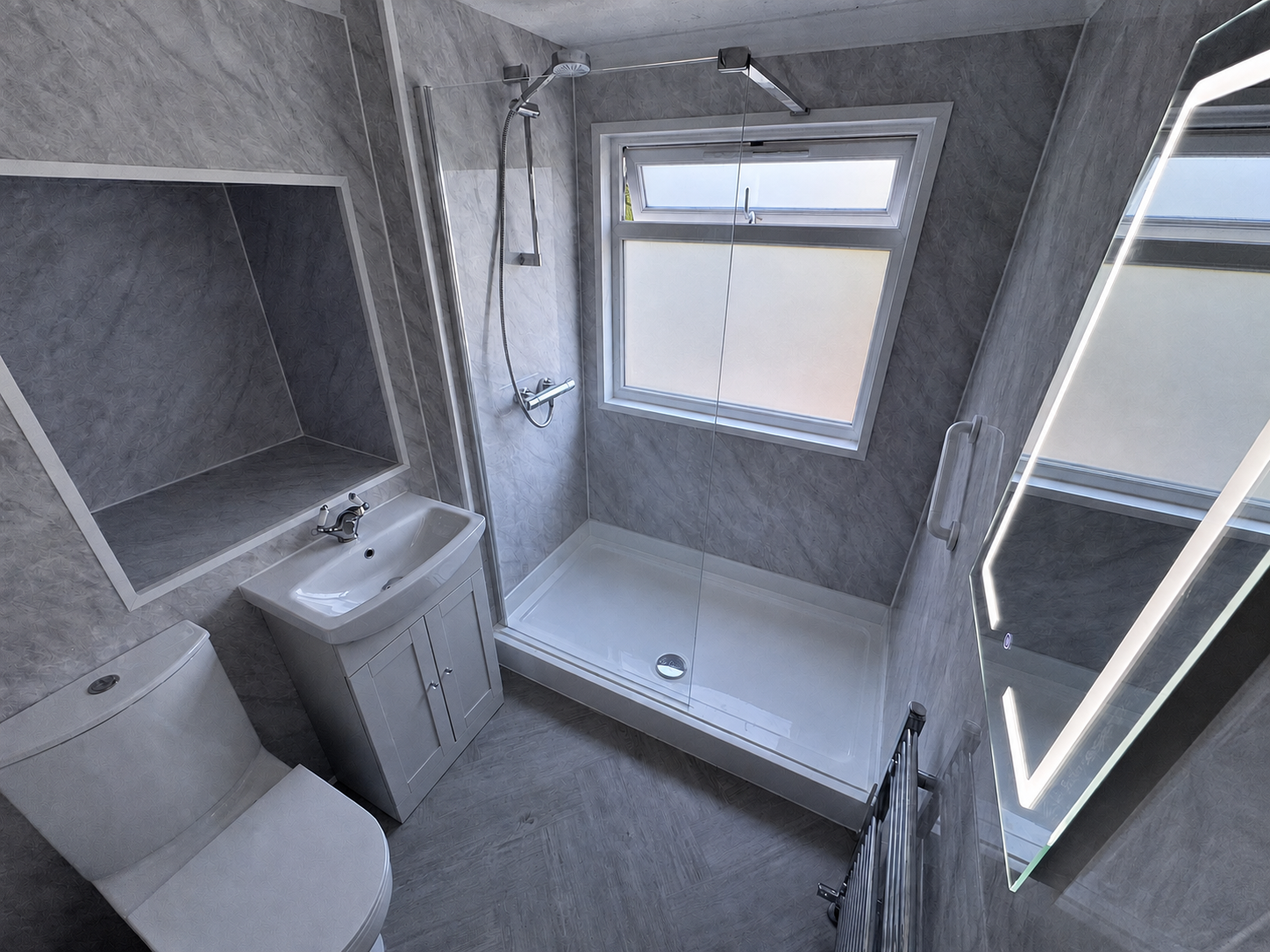 Walk-in shower finished with bathroom wall panels